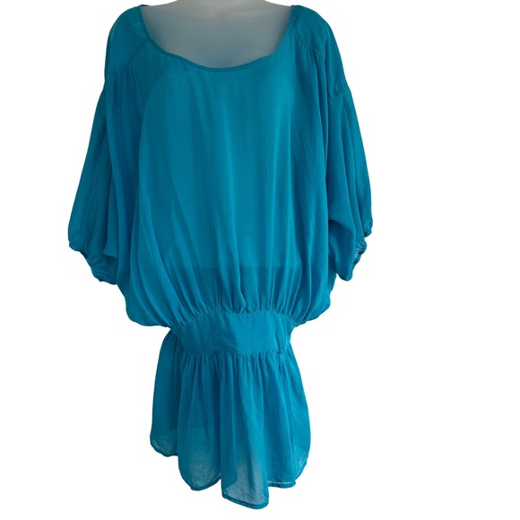 Marciano Tops - MARCIANO Silk Dolman Sleeve Smocked Waist Top Teal Blue Women Large Y2K